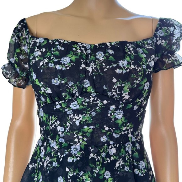Womens Boho Playsuit Romper Medium M Black Green Floral Off The Shoulder Lined - Picture 4 of 16